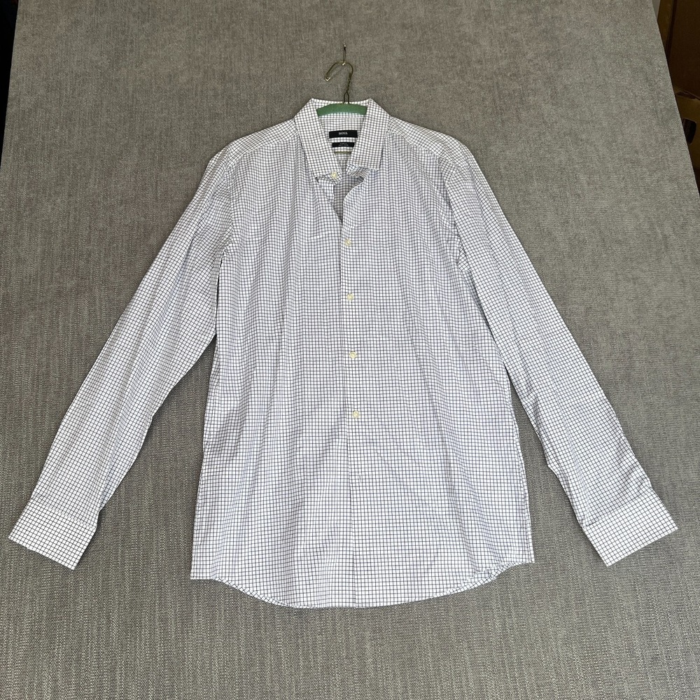 Hugo Boss Dress Shirt Mens L White Blue Check Slim Fit Easy Iron Professional